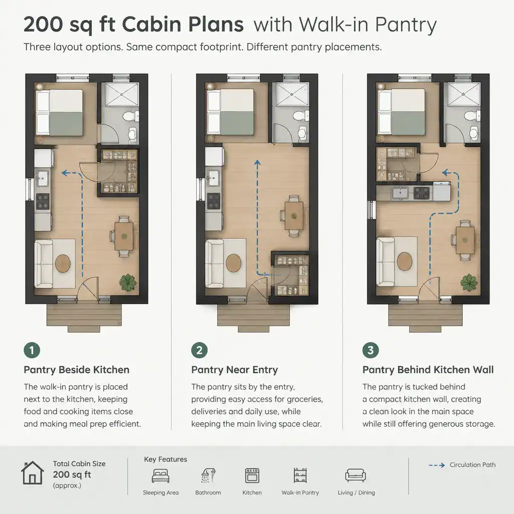 Three compact cabin kitchen and walk-in pantry layout concepts