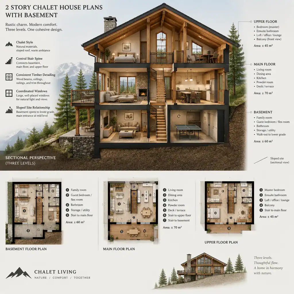 Three-level chalet house section with connected circulation