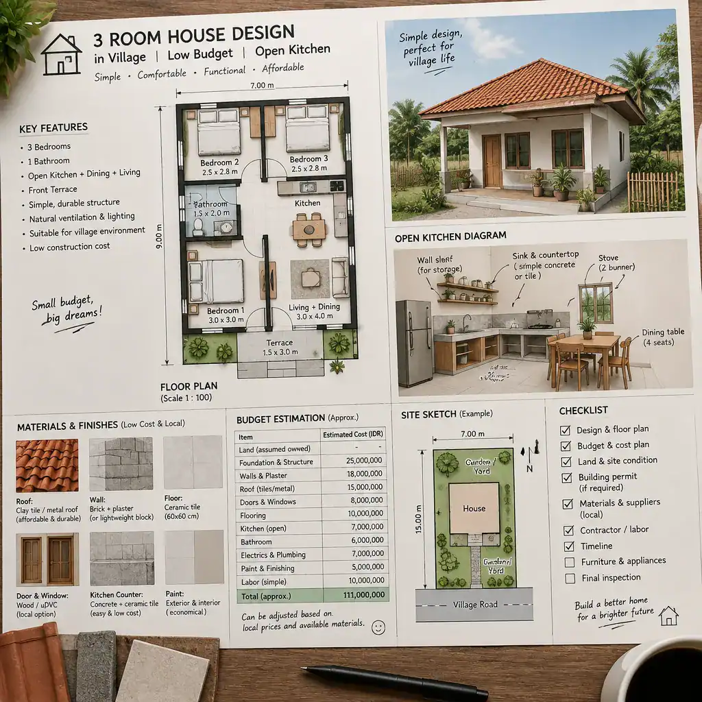 Three-room villa planning checklist with open kitchen design
