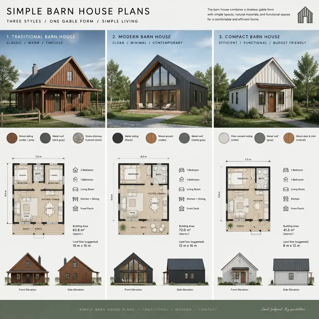 Three simple barn house design directions shown in an architectural concept board