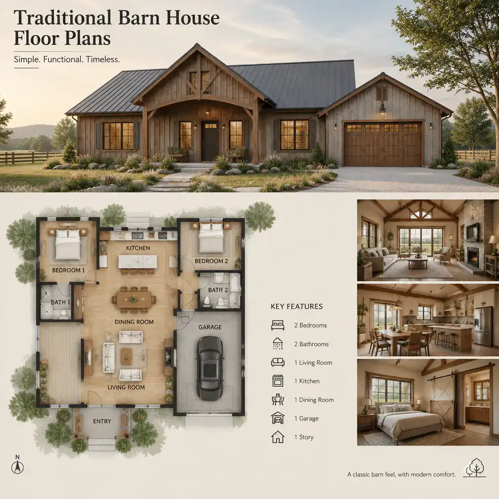 Traditional barn house interior and exterior planning character