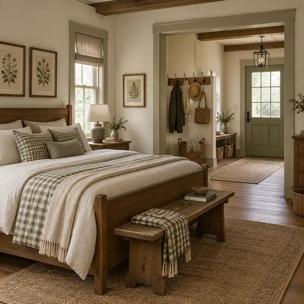 Traditional farmhouse bedroom and entryway with wood furniture and woven baskets