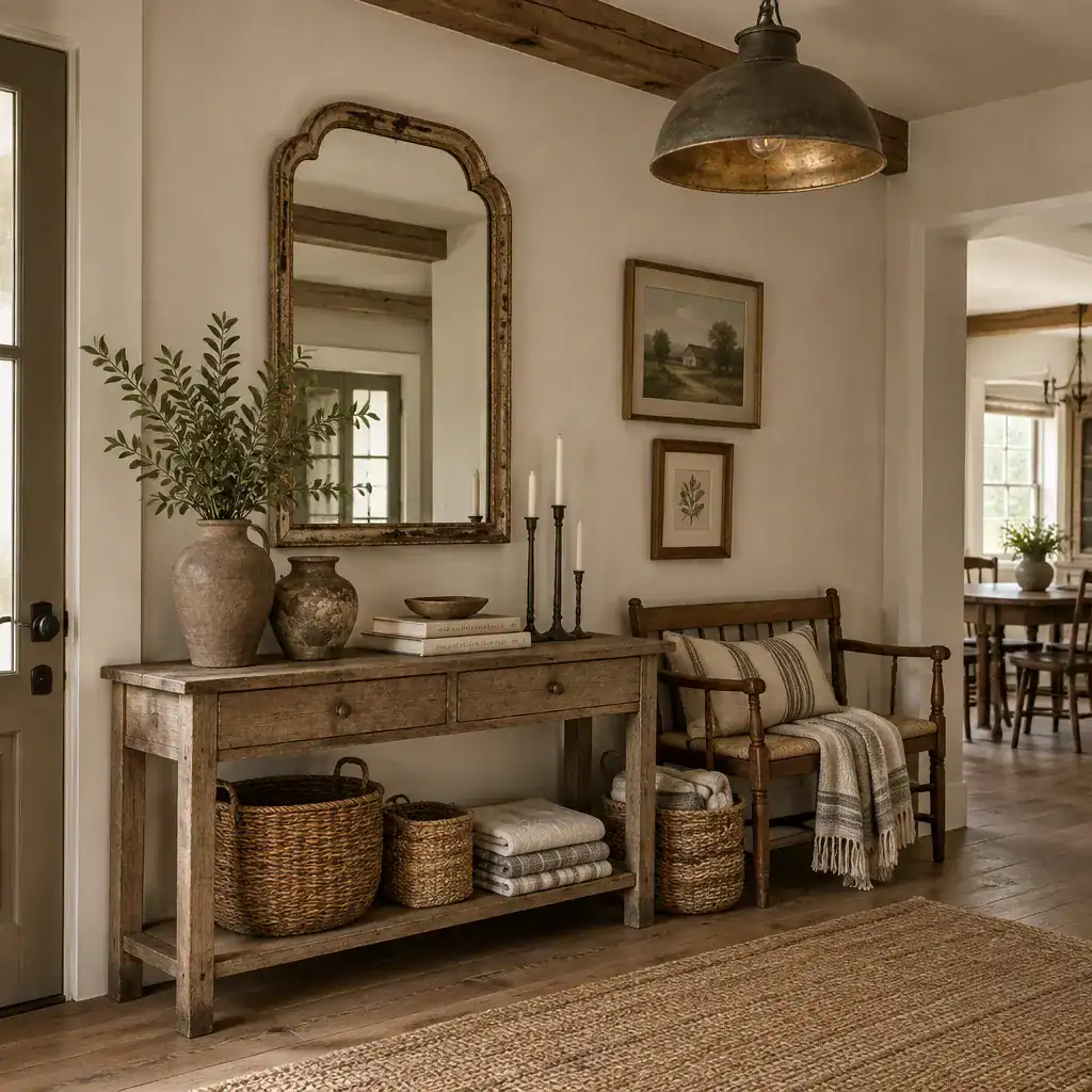 Traditional farmhouse decor with aged lighting, pottery, baskets, and simple artwork