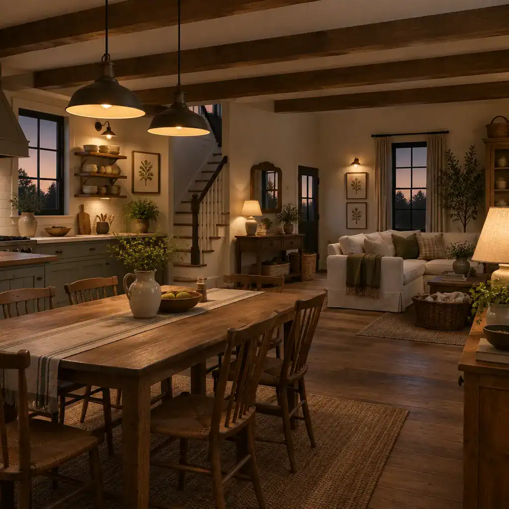 Traditional farmhouse decor with layered lighting pottery and woven baskets