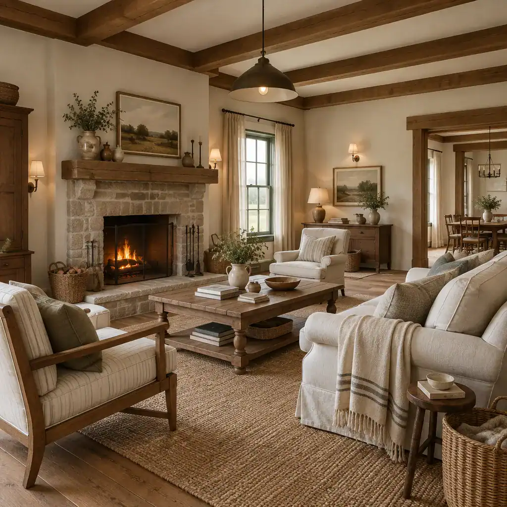 Traditional farmhouse furniture lighting and understated decor