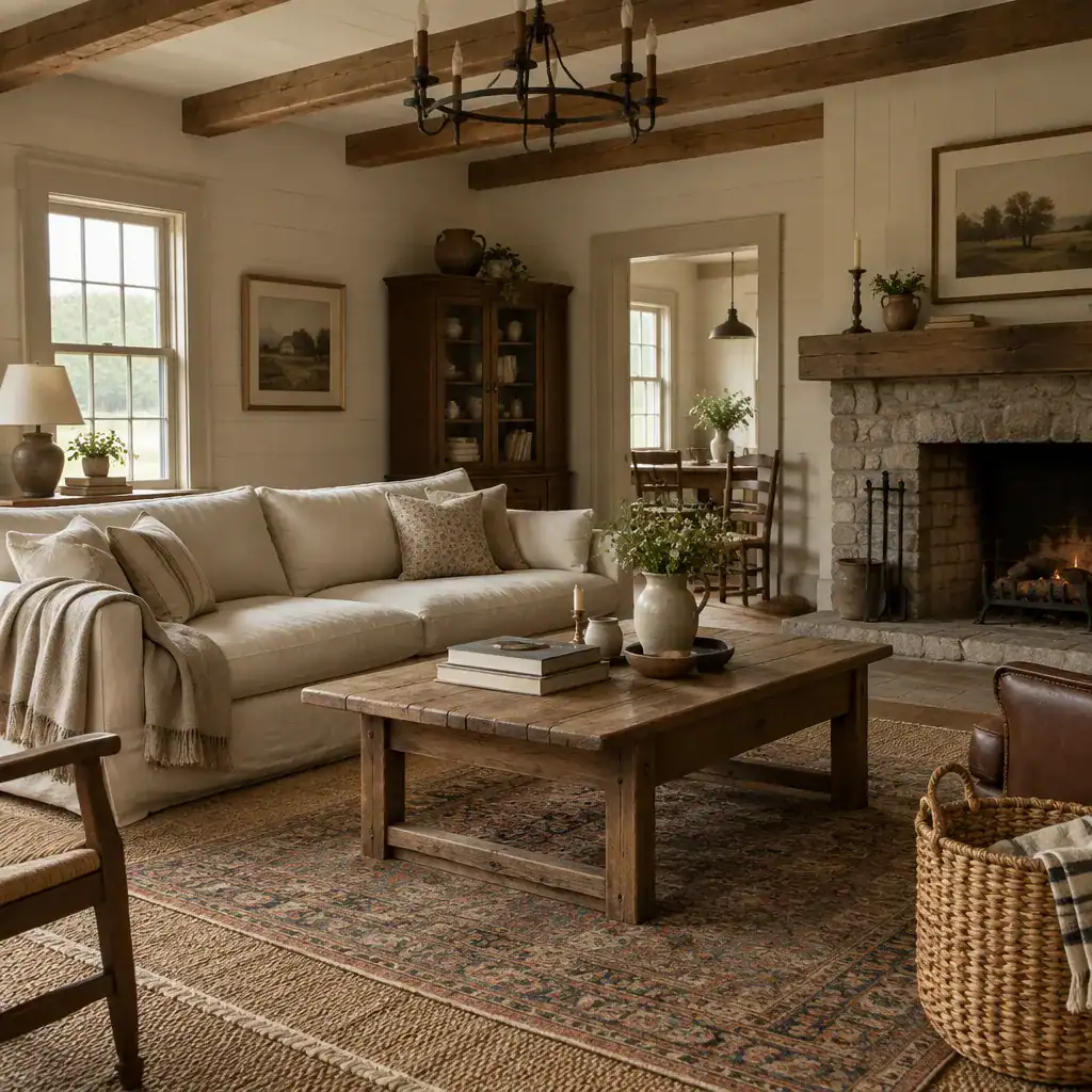 Traditional farmhouse furniture with linen upholstery and simple decor