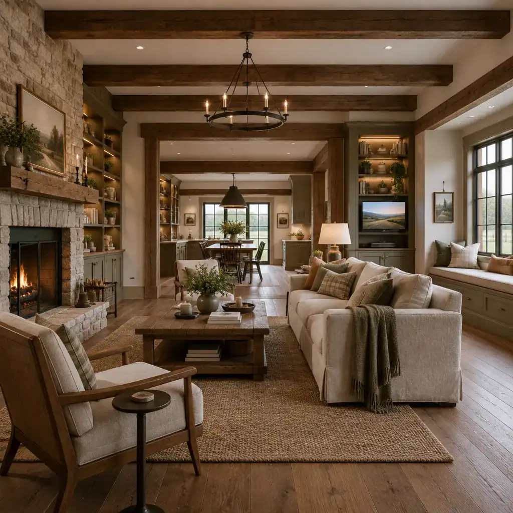 Traditional farmhouse interior blending historic character with modern comfort