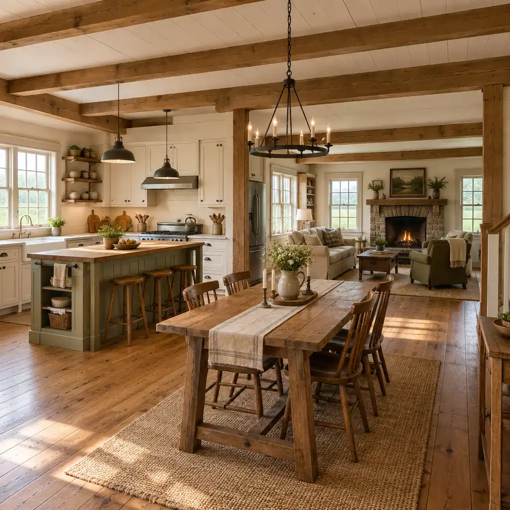 Traditional farmhouse interior with practical connected kitchen dining and living areas
