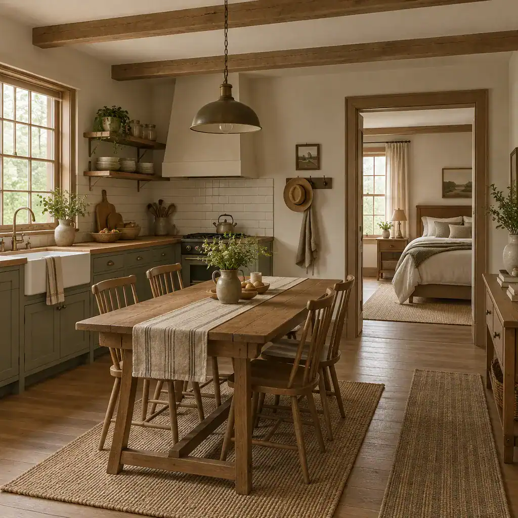 Traditional farmhouse kitchen dining area and bedroom with coordinated details