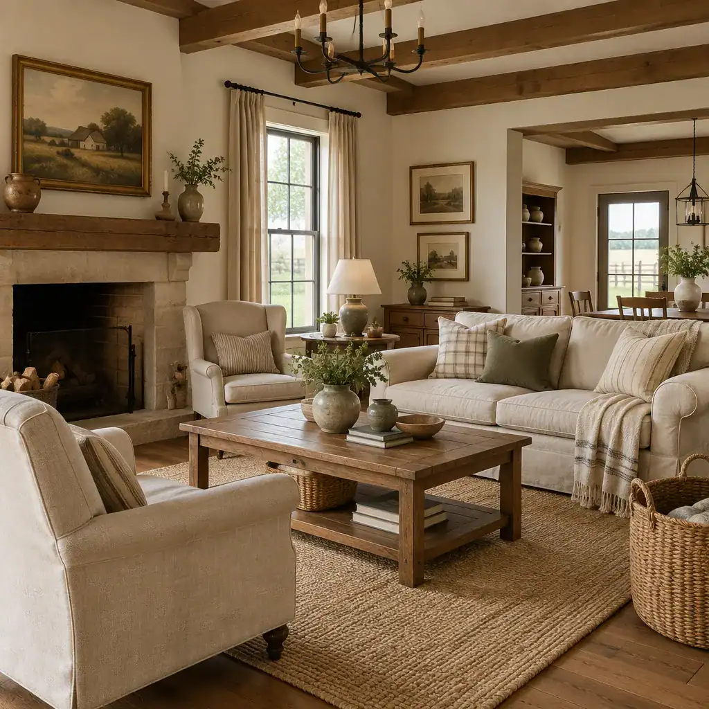 Traditional farmhouse living room with wood furniture and woven accents