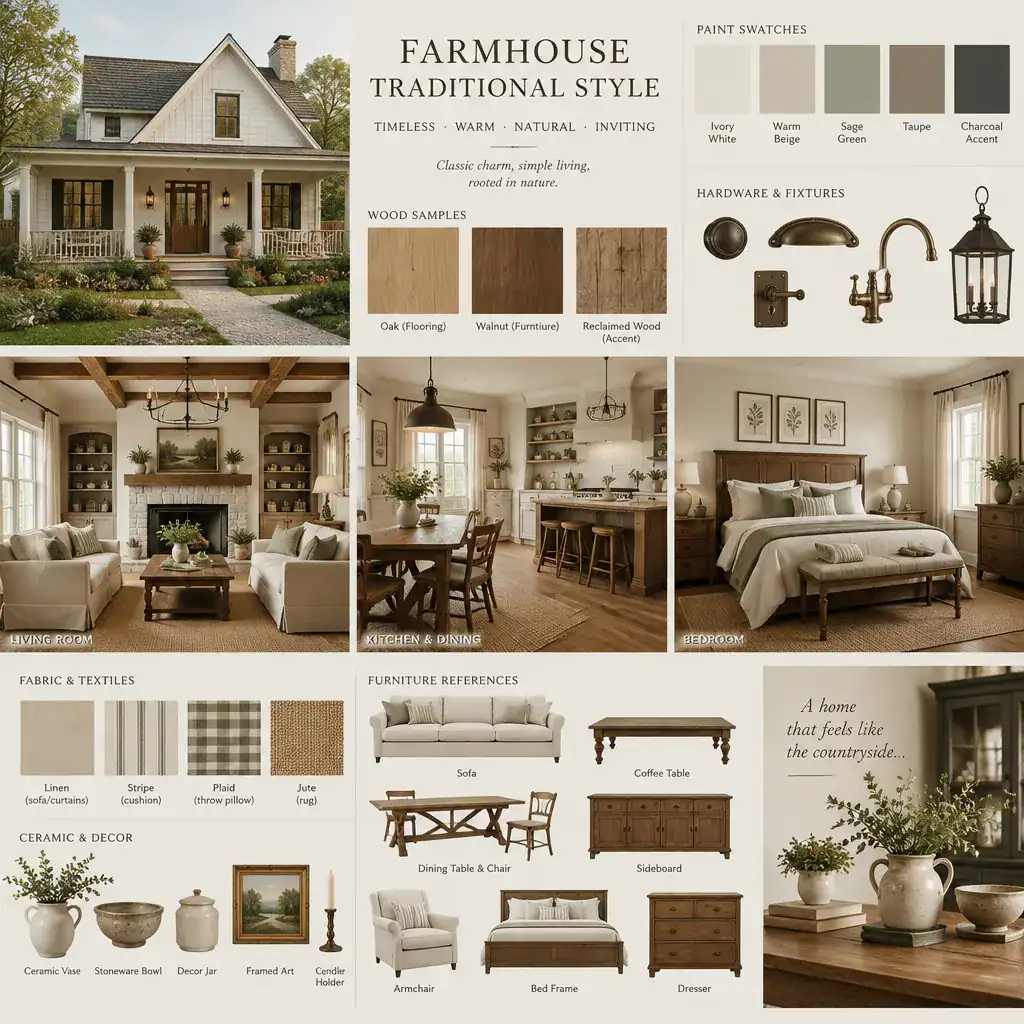 Traditional farmhouse mood board with neutral colors and natural materials
