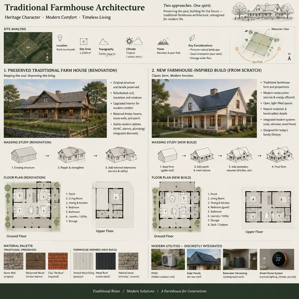 Traditional farmhouse renovation and new build design study