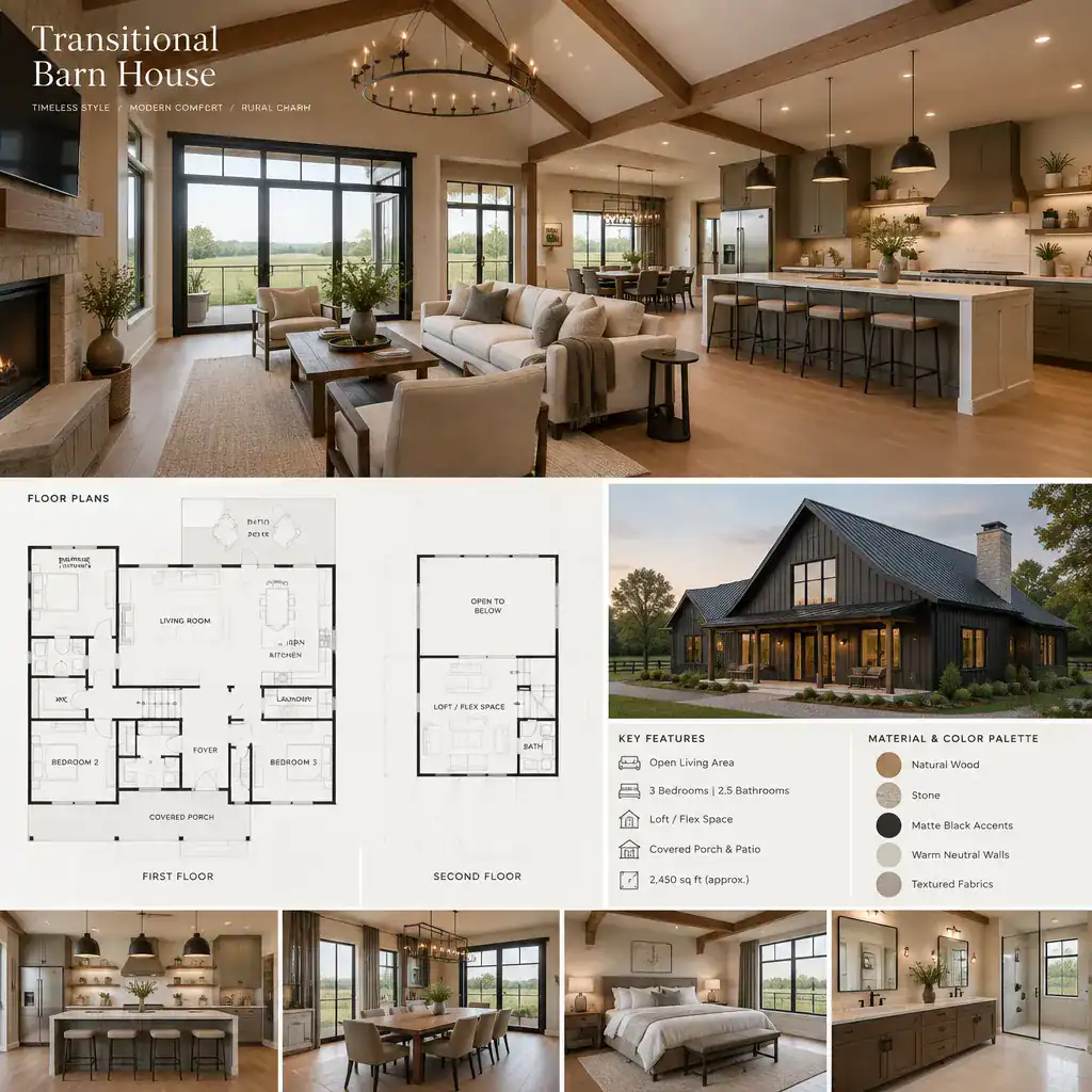Transitional barn house interior with warm wood accents and modern furnishings