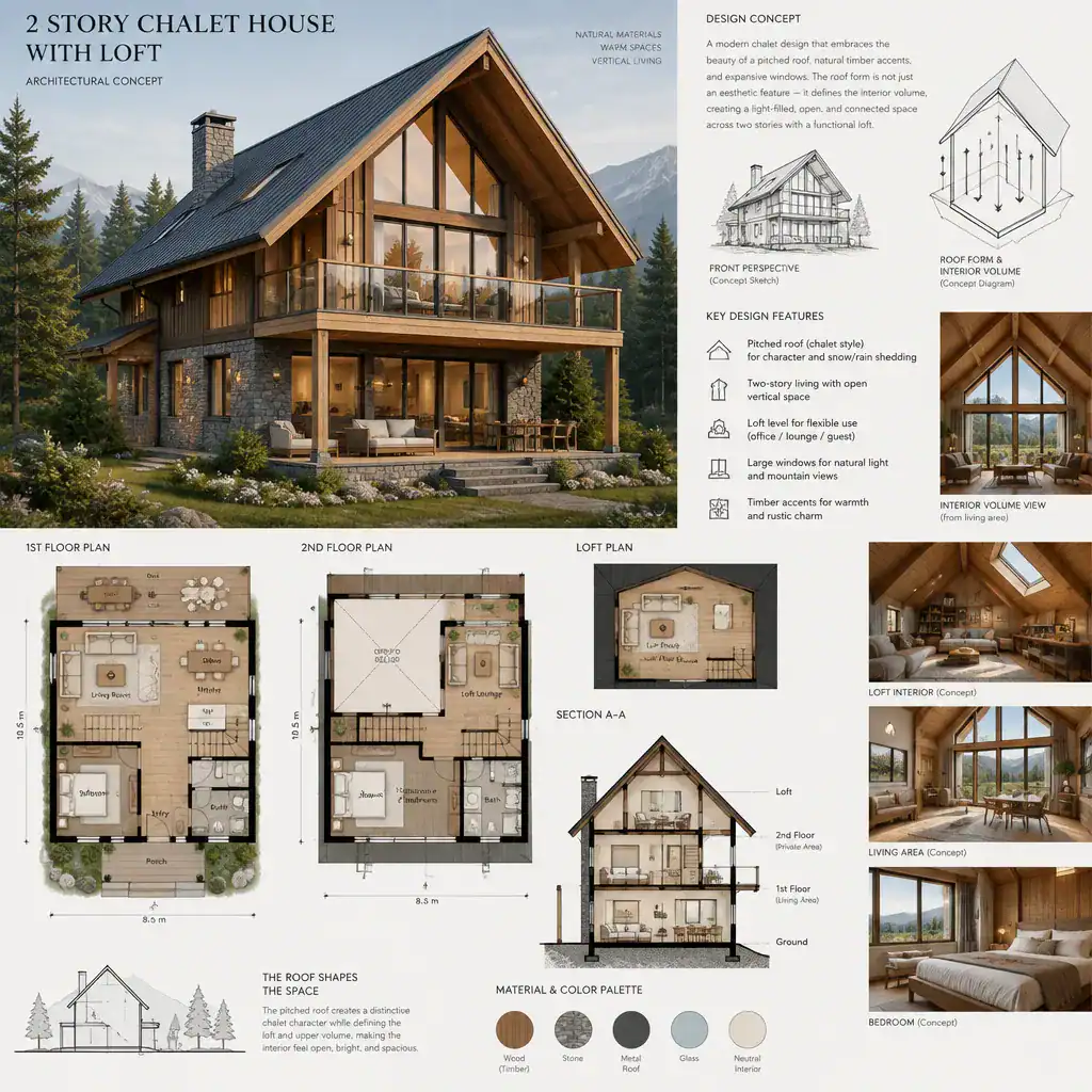 Two-story chalet exterior and section showing pitched roof and loft relationship