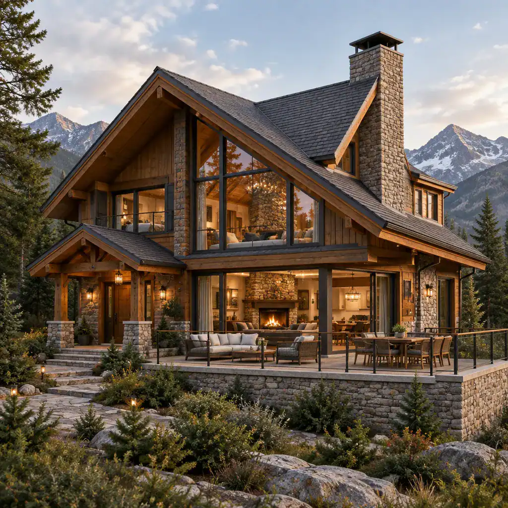 Two-story chalet exterior with stone and timber details