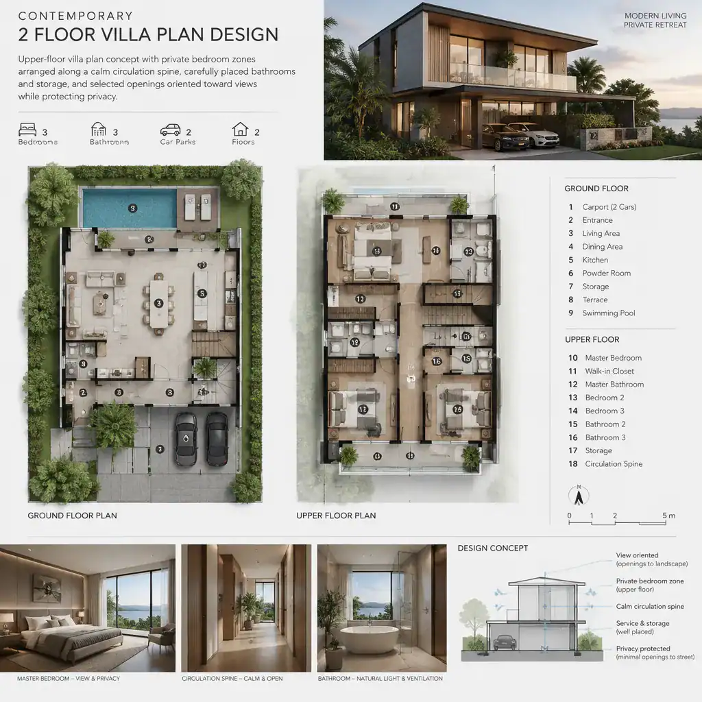 Upper-floor plan of a contemporary villa organized around private bedroom zones