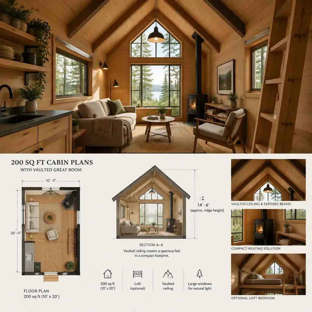 Vaulted great room interior in a compact cabin