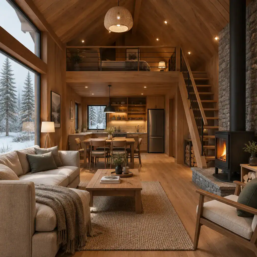 Warm cabin interior with coordinated natural materials and simple decor