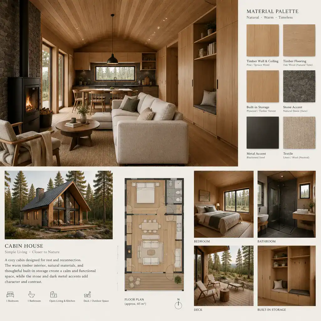 Warm cabin interior with coordinated wood finishes