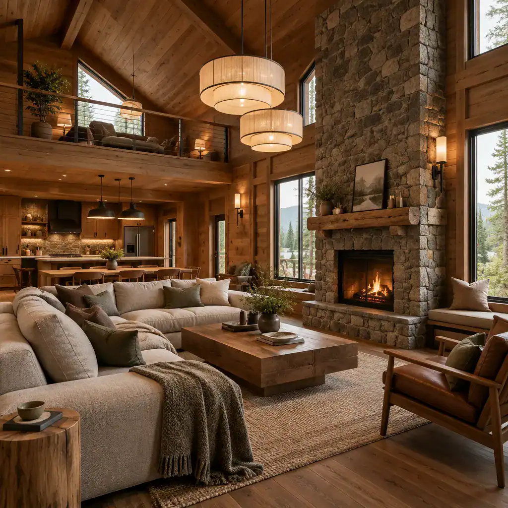 Warm cabin interior with layered lighting and natural materials