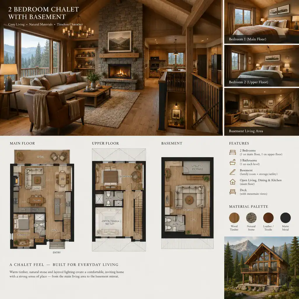 Warm chalet interior with timber details and basement stair