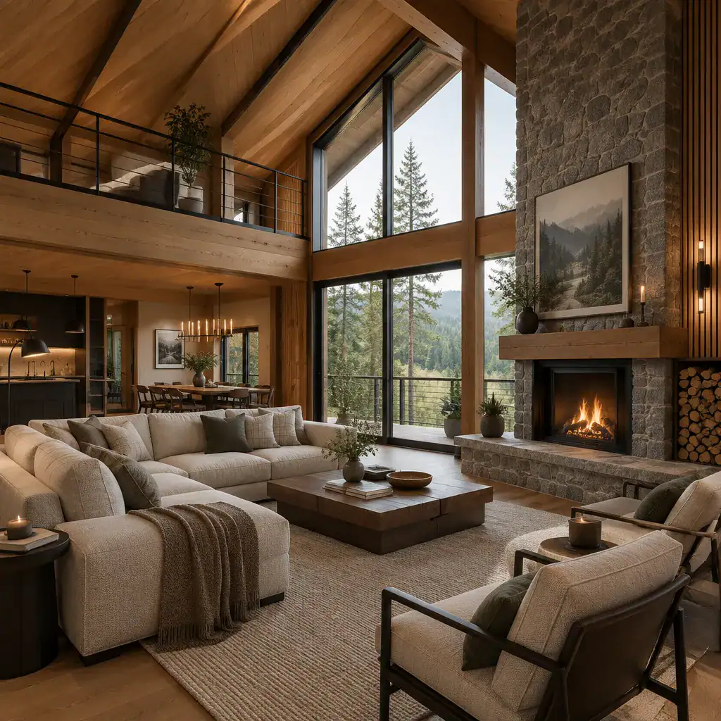 Warm contemporary timber chalet living room interior