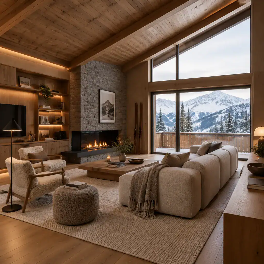 Warm minimalist interior of a modern alpine chalet