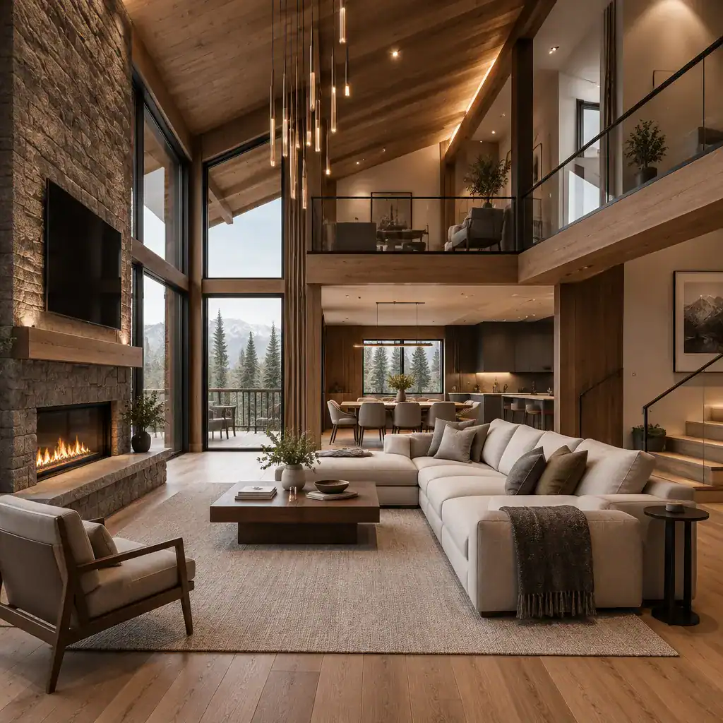 Warm modern chalet living room with timber and stone details