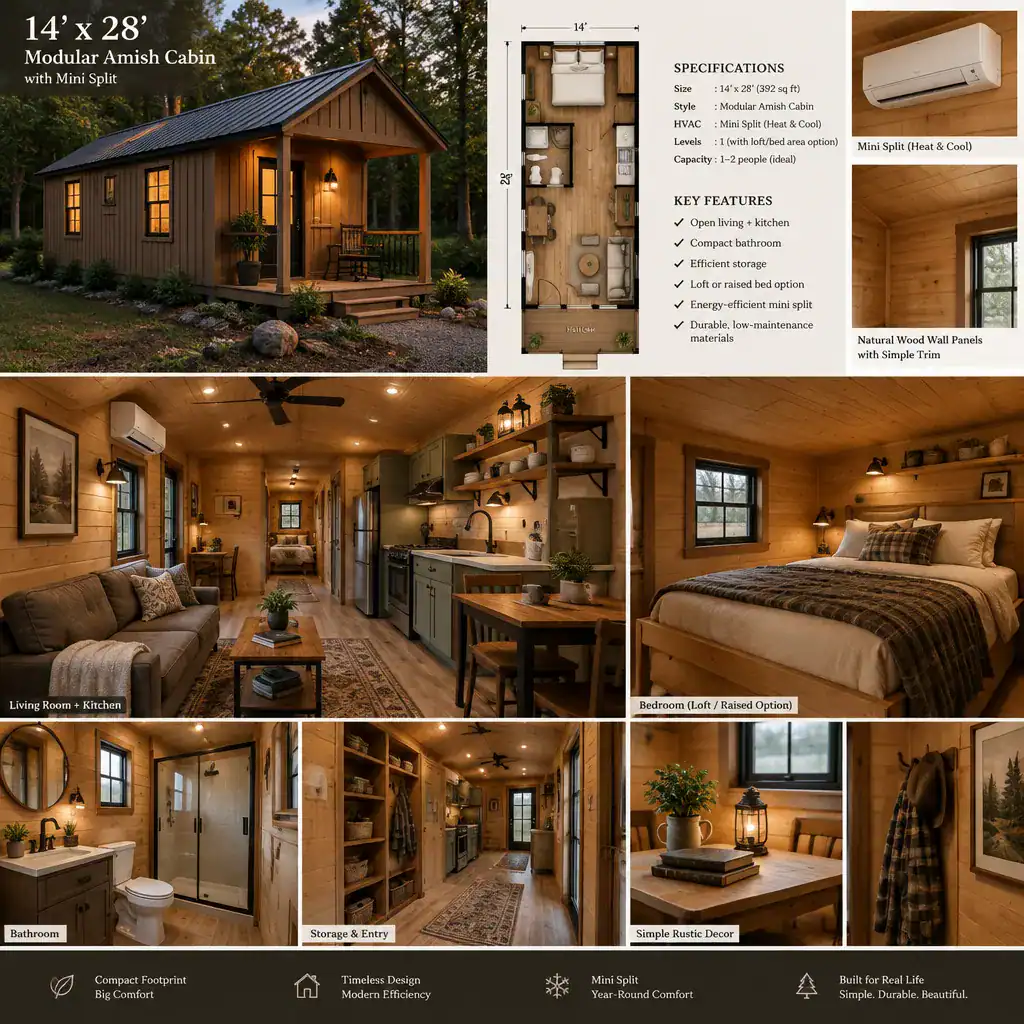 Warm rustic interior details for a compact modular cabin