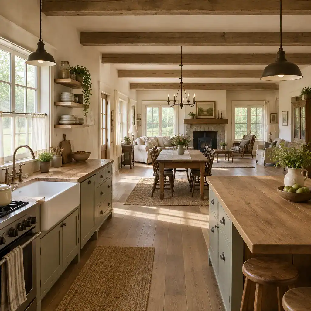 Warm traditional farmhouse interior with natural materials