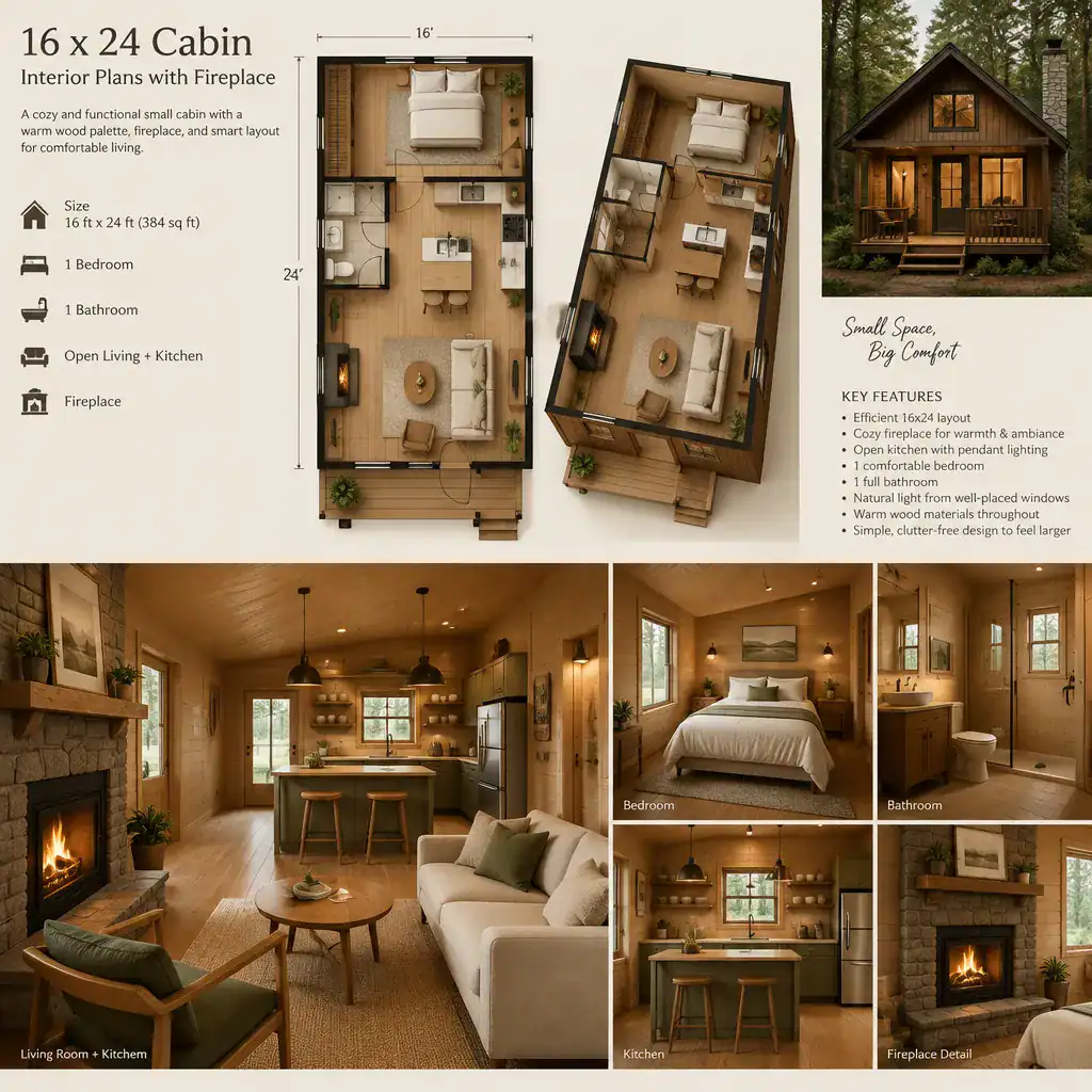 Warmly lit compact cabin interior with fireplace and layered lighting